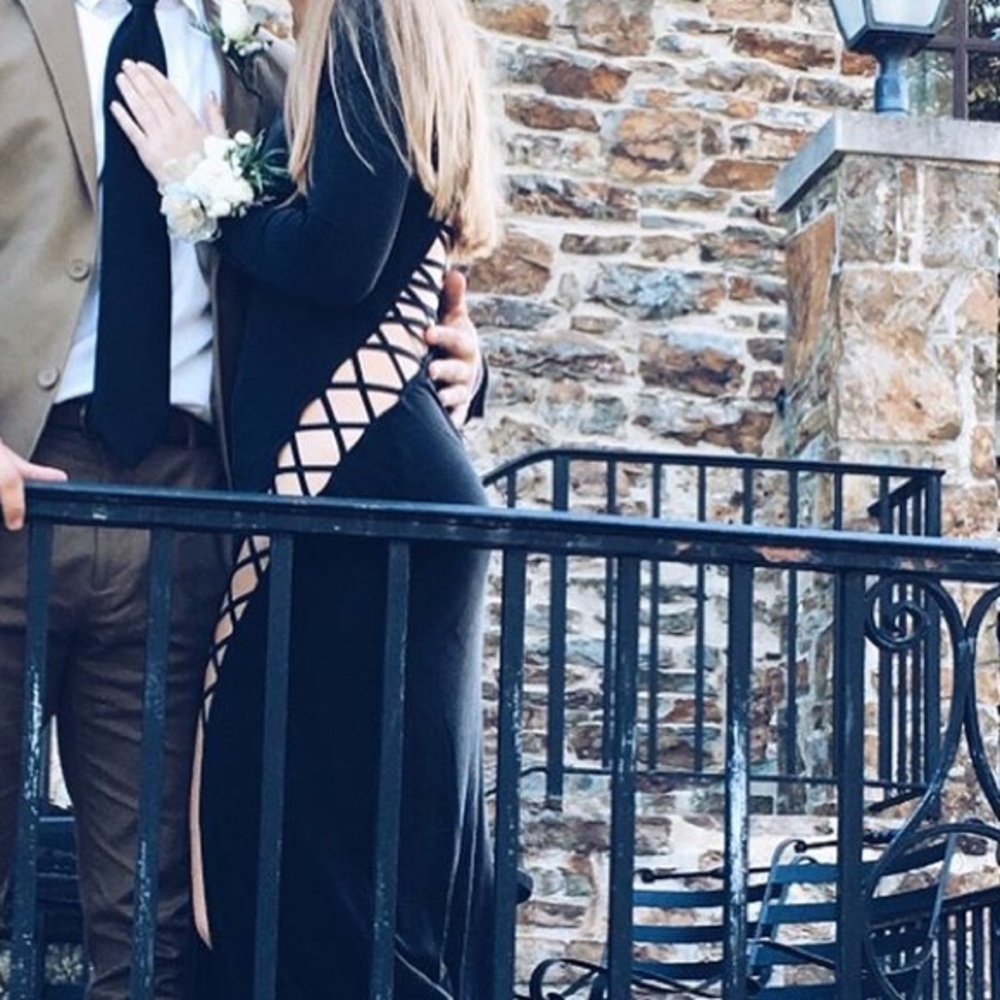 black long sleeve slit homecoming or prom dress